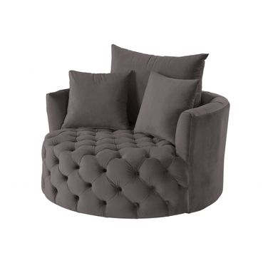 43 Inch Velvet Tufted Swivel Barrel Chair and Toss Pillows In Gray