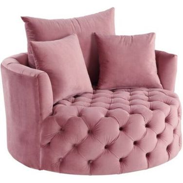 43 Inch Velvet Tufted Swivel Barrel Chair and Toss Pillows In Pink
