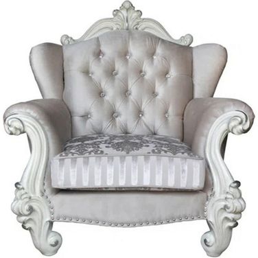 44 Inch Fabric Damask Tufted Chair and a Half and Toss Pillows In Antique White and Ivory
