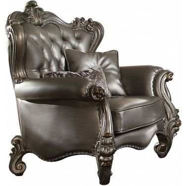44 Inch Faux Leather Tufted Wingback Chair and Toss Pillows In Silver and Platinum