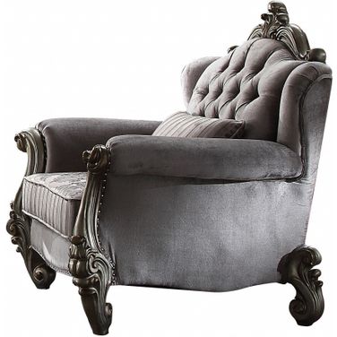 44 Inch Velvet Floral Tufted Club Chair and Toss Pillow In Platinum and Gray