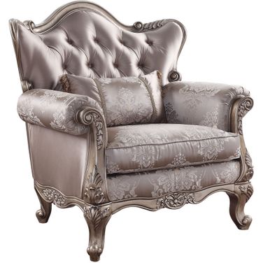 45 Inch Fabric Floral Tufted Arm Chair and Toss Pillow In Champagne