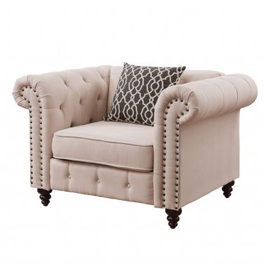 45 Inch Linen Tufted Chesterfield Chair and Toss Pillow In Black and Beige
