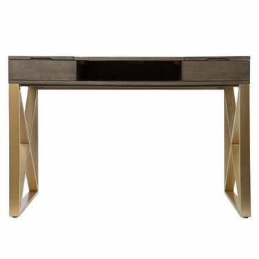 45 Inch Writing Desk with Two Drawers In Gray and Gold