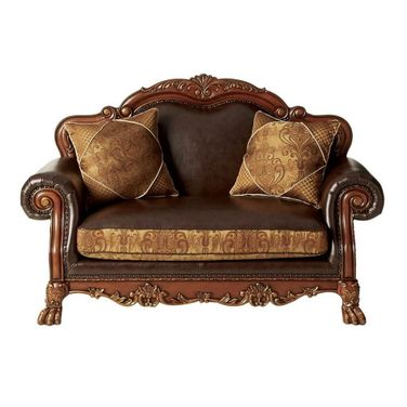46 Inch Faux Leather Floral Tufted Arm Chair and Toss Pillow In Brown and Cherry Blossom Pink