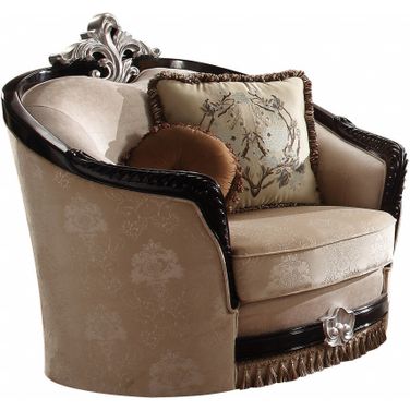 47 Inch Fabric Floral Arm Chair and Toss Pillows In Black and Tan