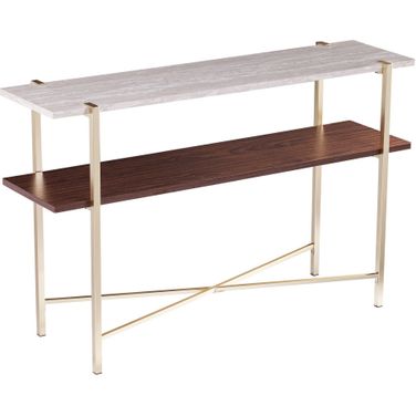 47 Inch Faux Marble Console Table with Shelf In White Brass and Brown
