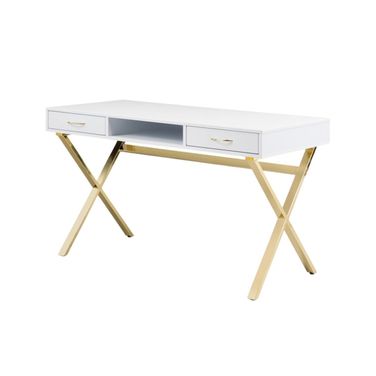 47 Inch Wood and Metal Computer Desk with Two Drawers In White and Gold