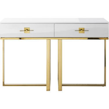 47 Inch Wood and Stainless Steel Sled Console Table with Two Drawers In White and Gold
