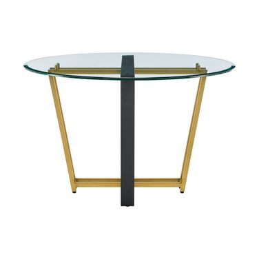 48 Inch Glass and Iron Sled Base Round Top Dining Table In Clear and Gold