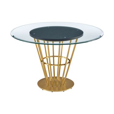 48 Inch Glass and Stainless Steel Pedestal Base Round Top Dining Table In Clear and Gold