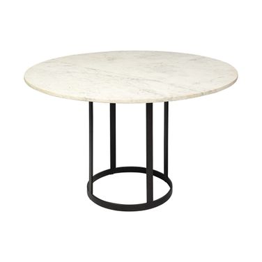 48 Inch Rounded Marble and Metal Pedestal Base Dining Table In White and Black
