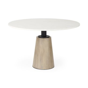 48 Inch Rounded Marble Pedestal Base Dining Table In White and Natural