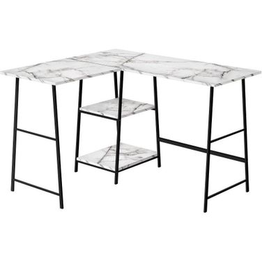48 Inch White Marble And Black Metal Corner Compter Desk