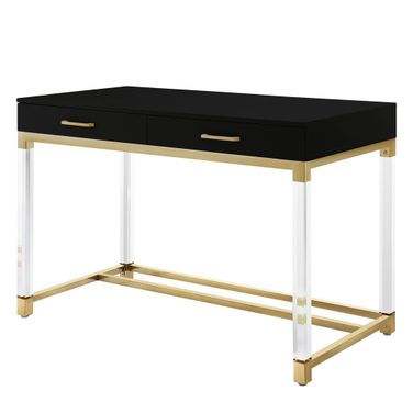 48 Inch Wood Acrylic and Stainless Steel Writing Desk with Two Drawers In Black Clear and Gold