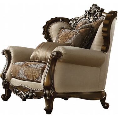 49 Inch Fabric Damask Tufted Wingback Chair and Toss Pillows In Brown and Tan
