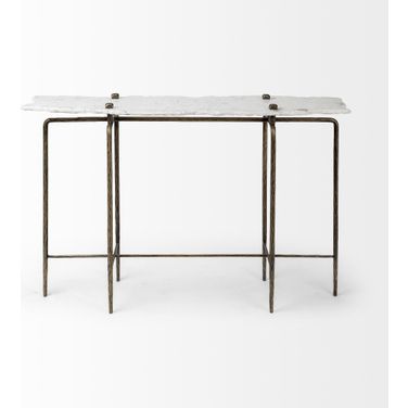 49 Inch Genuine Marble and Iron Distressed Six Leg Console Table In White and Brass