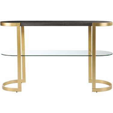 49 Inch Solid Wood Oval Sled Console Table with Storage In Gray and Gold