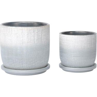 5/6 Inch Textured Planter With Saucer Set of 2 In Silver