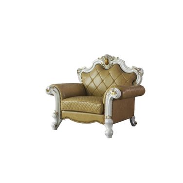 50 Inch Faux Leather Tufted Arm Chair and Toss Pillow In Beige and Pearl