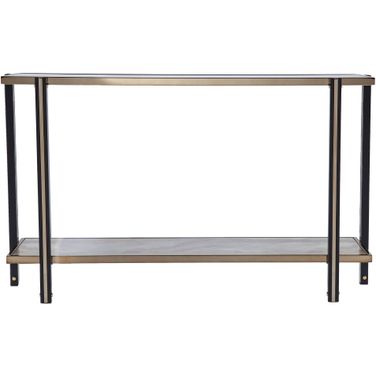 50 Inch Mirrored Glass Console Table with Shelf In Smoky Black and Champagne
