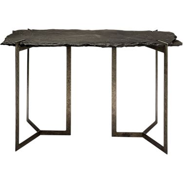50 Inch Slate and Iron Distressed Double Pedestal Console Table In Nickel and Black