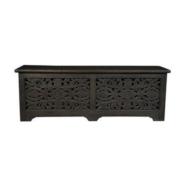 52 Inch Distressed Solid Wood Carved Floral Storage Ottoman In Black