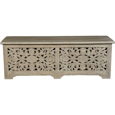 52 Inch Distressed Solid Wood Carved Floral Storage Ottoman In Gray