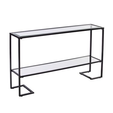 52 Inch Glass Mirrored Sled Console Table with Shelves In Clear and Black