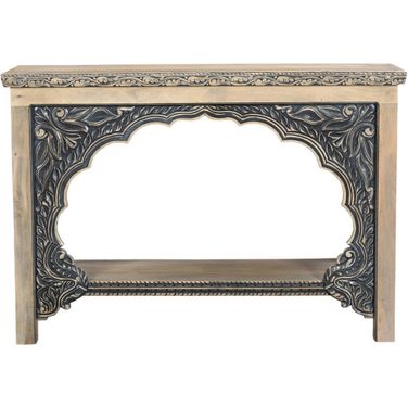 56 Inch Solid Wood Distressed Console Table with Shelf In Black and Natural