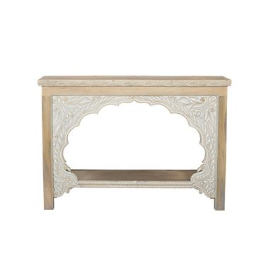 56 Inch Solid Wood Distressed Console Table with Shelf In Natural