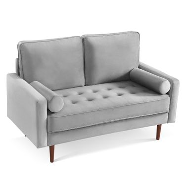 57 Inch Velvet Loveseat and Toss Pillows In Gray and Dark Brown