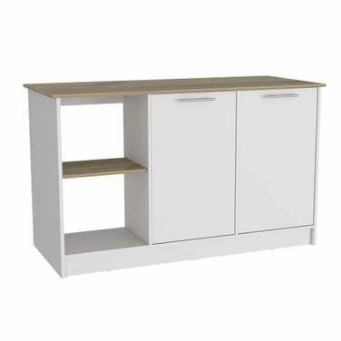 59 Inch Kitchen Island with Storage In White and Brown