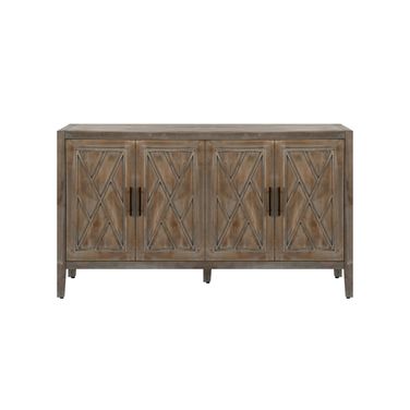 60 Inch Distressed Carved Geometric Sideboard with Four Doors In Natural and Brown