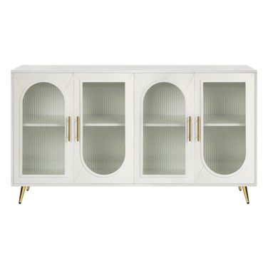 60 Inch Ribbed Texture Wood and Glass Sideboard with Four Doors In White