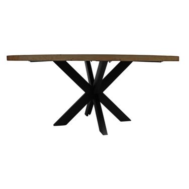 60 Inch Rounded Solid Wood and Iron Pedestal Base Dining Table In Black and Natural