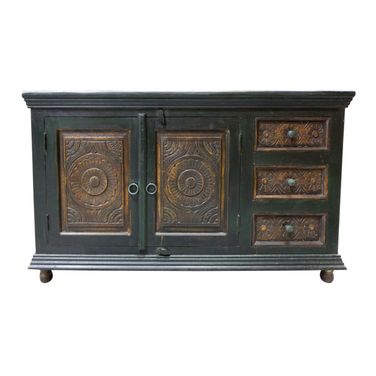 60 Inch Solid Wood Three Drawer Buffet Table with Two Doors In Dark Brown and Green