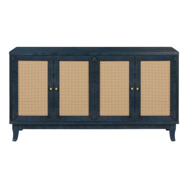 60 Inch Wood and Rattan Distressed Sideboard with Four Doors In Blue