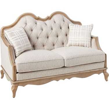 62 Inch Linen Loveseat and Toss Pillows In Beige and Brown