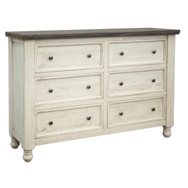 62 Inch Solid Wood Six Drawer Double Dresser In Gray and Ivory