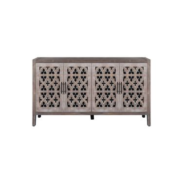 63 Inch Distressed Carved Scrollwork Sideboard with Four Doors In Brown