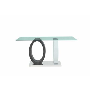 63 Inch Glass and Metal Double Pedestal Base Dining Table In Clear Gray and White
