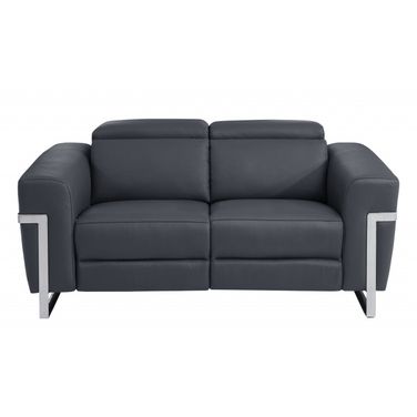 65 Inch Italian Leather Power Reclining Loveseat In Grey and Silver