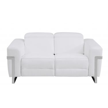 65 Inch Italian Leather Power Reclining Loveseat In White and Silver