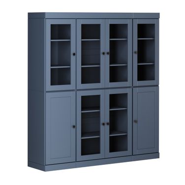 65 Inch Pantry China Cabinet with Clear Glass and Shaker Doors In Antique Blue