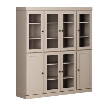 65 Inch Pantry China Cabinet with Clear Glass and Shaker Doors In Beige