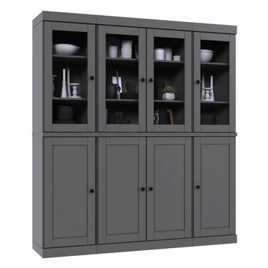 65 Inch Pantry China Cabinet with Raised Panel and Clear Glass Doors In Gray