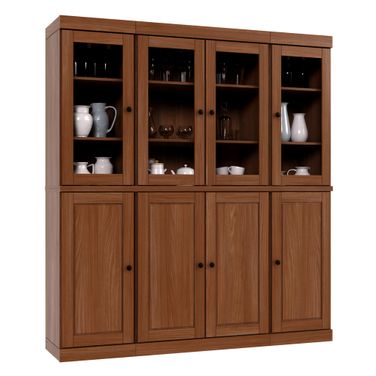 65 Inch Pantry China Cabinet with Raised Panel and Clear Glass Doors In Mocha