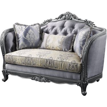 65 Inch Silk Blend Loveseat and Toss Pillows In Platinum and Gray