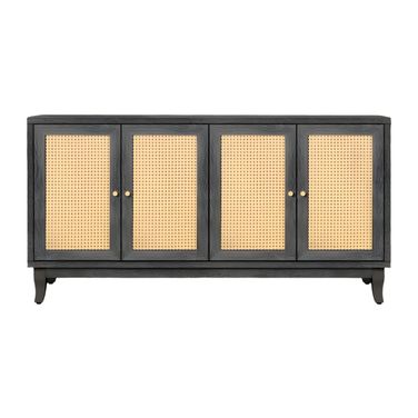 65 Inch Wood and Rattan Sideboard with Four Doors In Charcoal and Natural